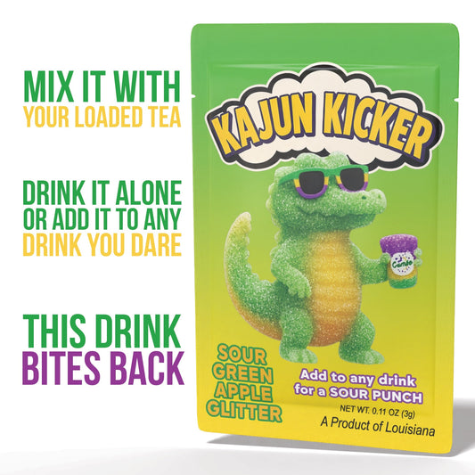 Kajun Kicker Sour Shot drink mix add-on with a green dinosaur character on a white background