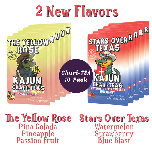 Two sets of loaded tea packets depicting 10 teas in total. One set is yellow and one set is red white and blue. Text on the image reads "Charity 10-Pack. Two New Flavors. The Yellow Rose (Pina Colada, Pineapple, Passion Fruit) and Stars Over Texas (Watermelon, Strawberry, and Blue Blast)."
