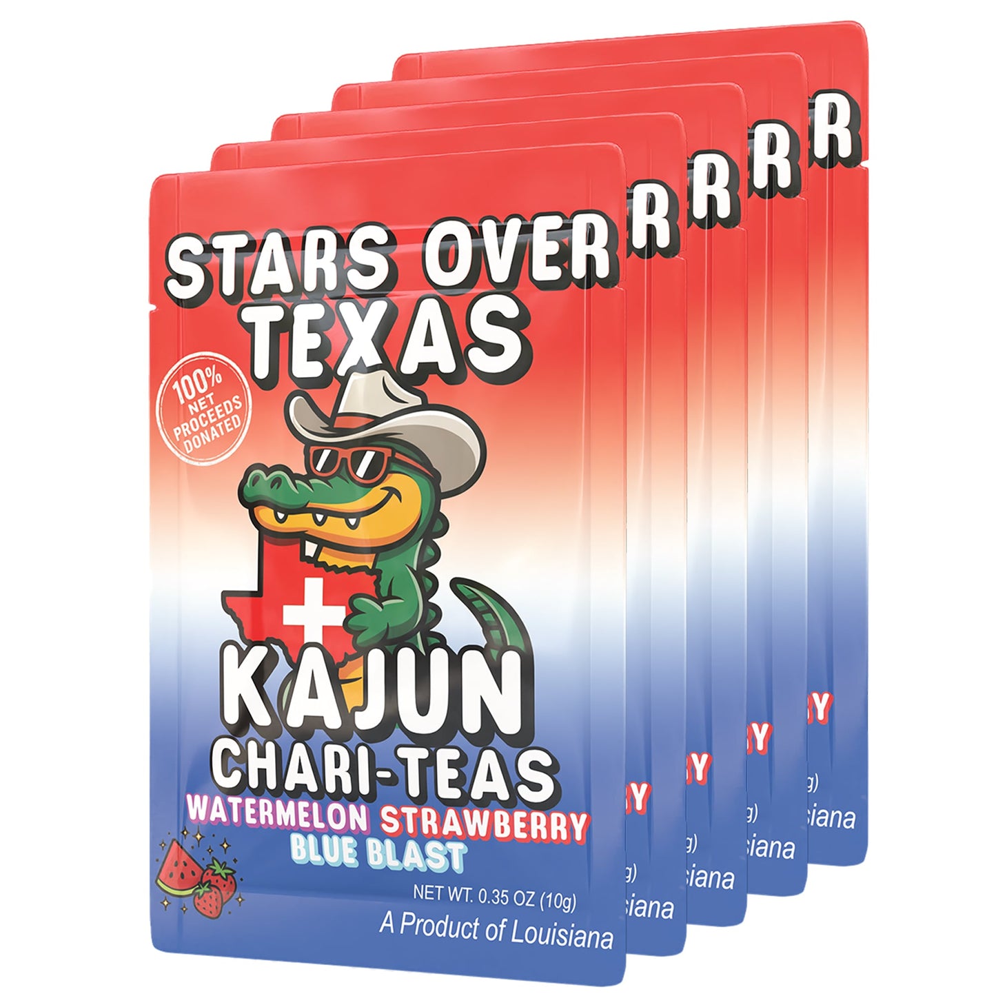 Multiple packages of Kajun Loaded Tea charity teas with a cartoon crocodile wearing a cowboy hat and holding a cartoon shape of Texas. Text on packet reads "Stars Over Texas. Watermelon, Strawberry, Blue Blast."