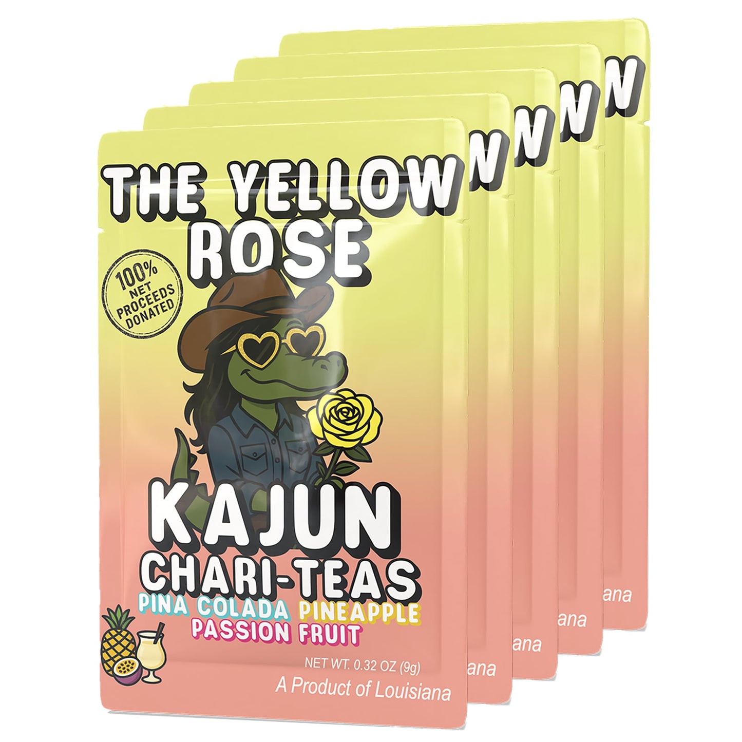 Multiple packages of Kajun Loaded Tea charity teas with a cartoon crocodile wearing a cowboy hat. Text on packet reads "The Yellow Rose. Pina Colada, Pineapple, and Passion Fruit."