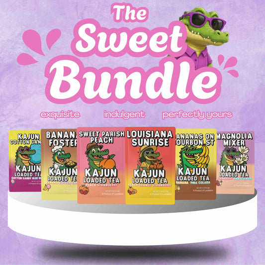 Assorted tea packages on a circular stand with a purple background and 'The Sweet Bundle' branding.