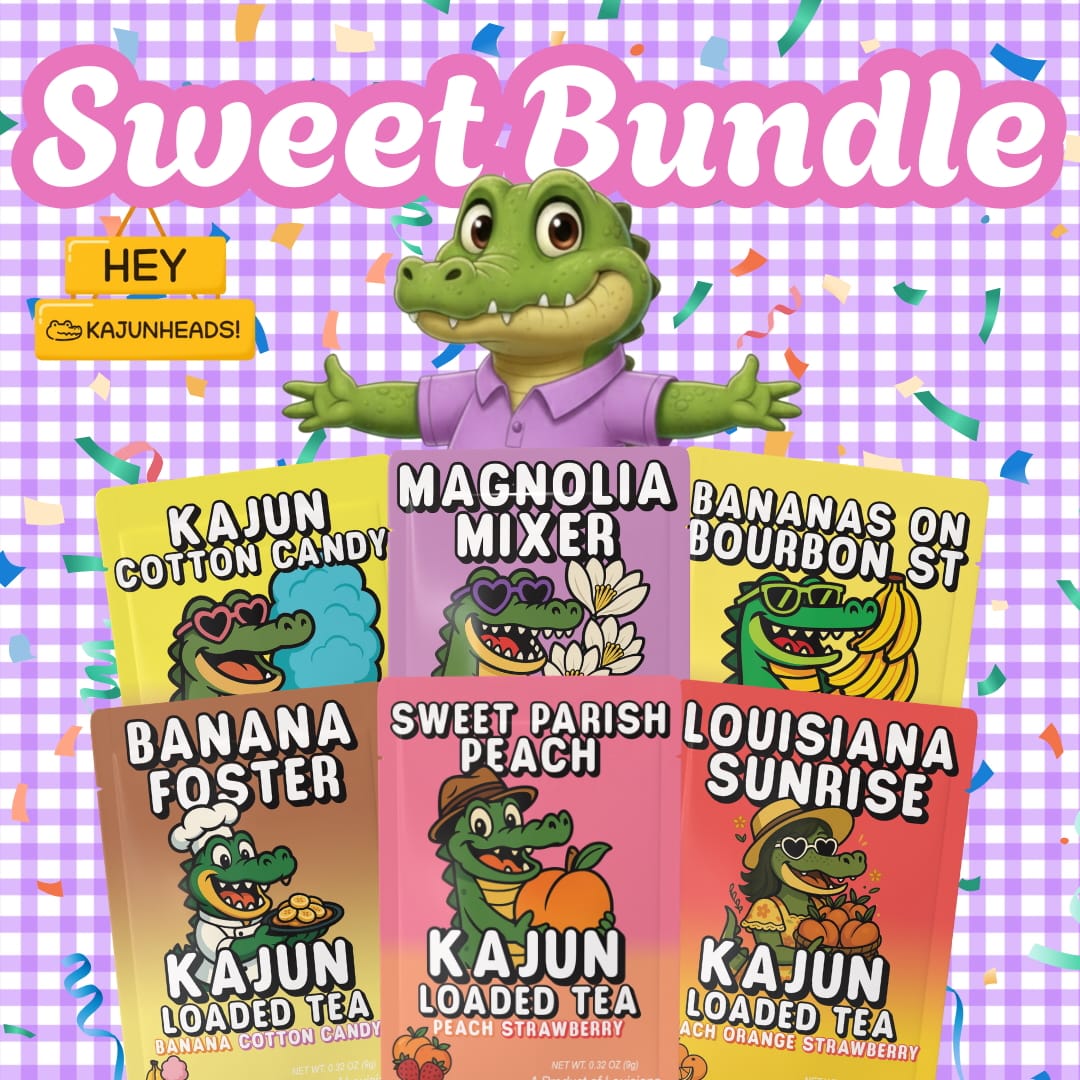 Promotional image of Kajun Loaded Tea packages with a cartoon crocodile on a checkered background.